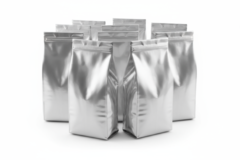 plan silver bags of ground coffee, no label